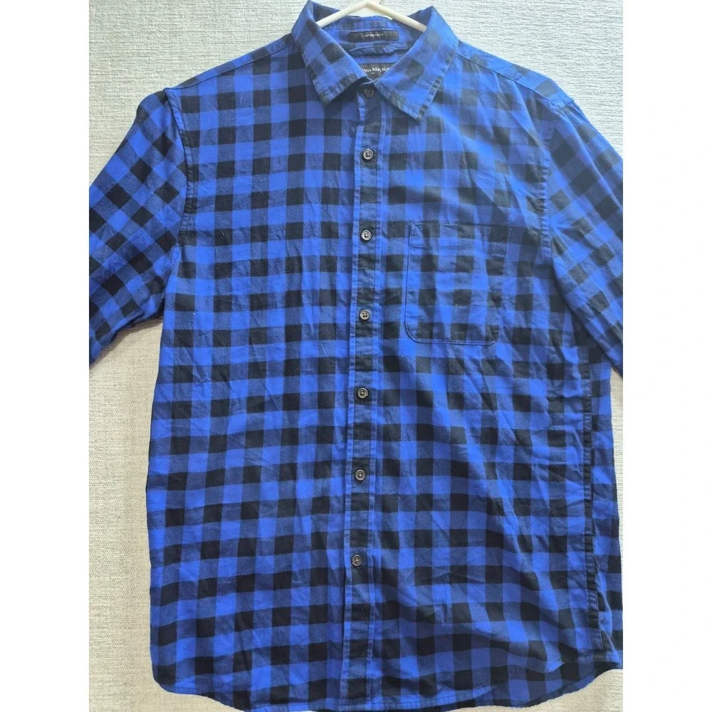 Banana Republic Shirt Men Medium Blue Black Buffalo Check Untucked Fit Button UP